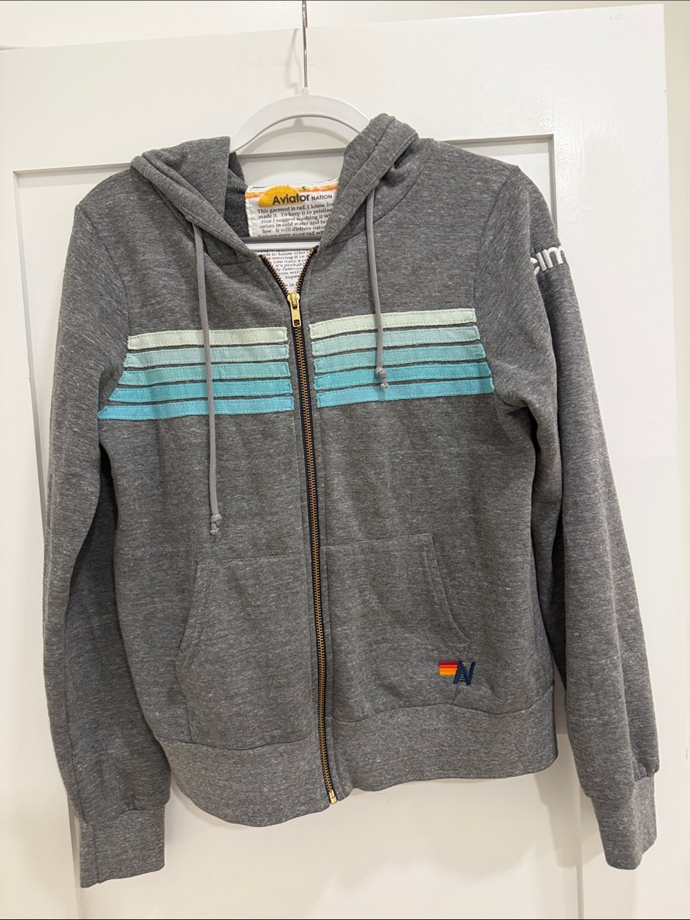 Aviator Nation Kids' Charcoal Zip Hoodie with Mint & Teal Stripes